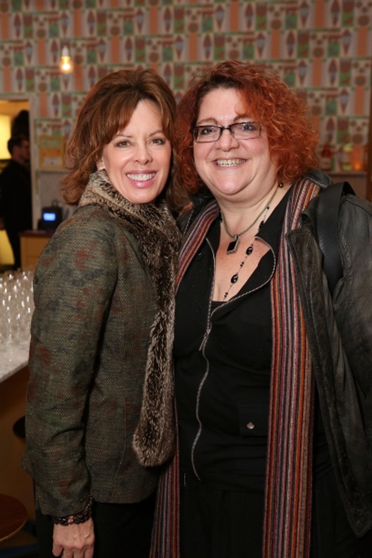 From left, Jeanie Hackett, Creative Consultant and Jessica Kubzansky, Artistic Producer of Boston Court pose during a reception for New York's Rattlestick Playwrights Theater to celebrate its upcoming Los Angeles production of Daniel Talbott's 'Slipping at 