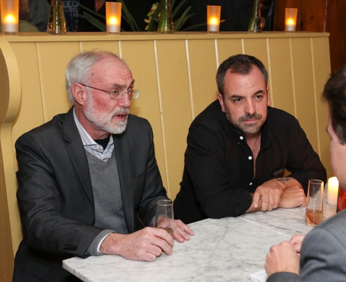 From left, David Van Asselt, Rattlestick Artistic Director and playwright Craig Wright talk during a reception for New York's Rattlestick Playwrights Theater to celebrate its upcoming Los Angeles production of Daniel Talbott's 'Slipping' held at the Bea at 