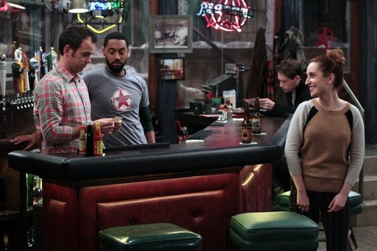 WHITNEY -- 'Breaking Dad' Episode 209 -- Pictured: (l-r) Dan O'Brien as Mark, Tone Bell as RJ, Zoe Lister-Jones as Lily -- (Photo by: Chris Haston/NBC) at 