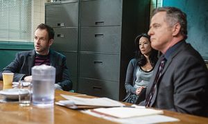 "Possibility Two"-- Sherlock (Jonny Lee Miller, right), Gregson (Aidan Quinn, left) and Watson (Lucy Liu, center) investigate a case involving a wealthy philanthropist who believes his incurable illness was given to him on purpose, on ELEMENTARY, on a Th @ BroadwayWorld "Possibility Two"-- Sherlock (Jonny Lee Miller, right), Gregson (Aidan Quinn, left) Photo
