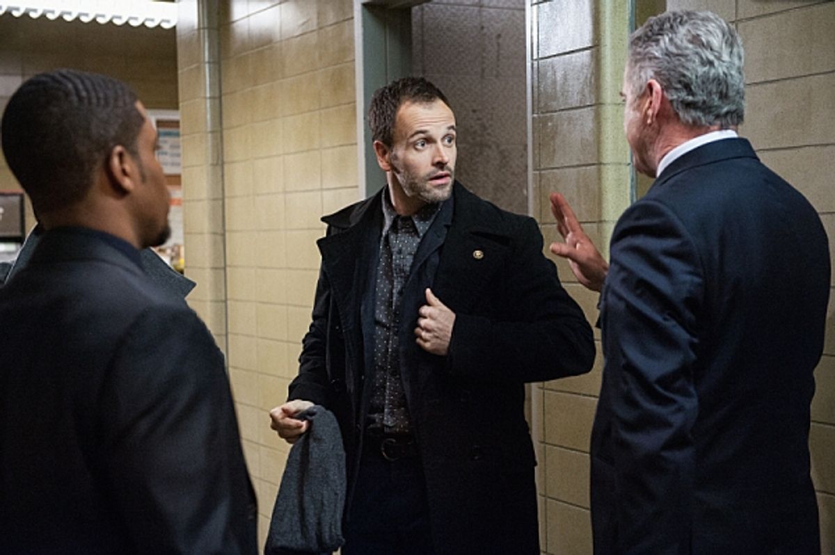 'Possibility Two'--   Sherlock (Jonny Lee Miller, center), Gregson (Aidan Quinn, left) and Bell (Jon Michael Hill (center) investigate a case involving a wealthy philanthropist who believes his incurable illness was given to him on purpose, on ELEMENTARY, at 