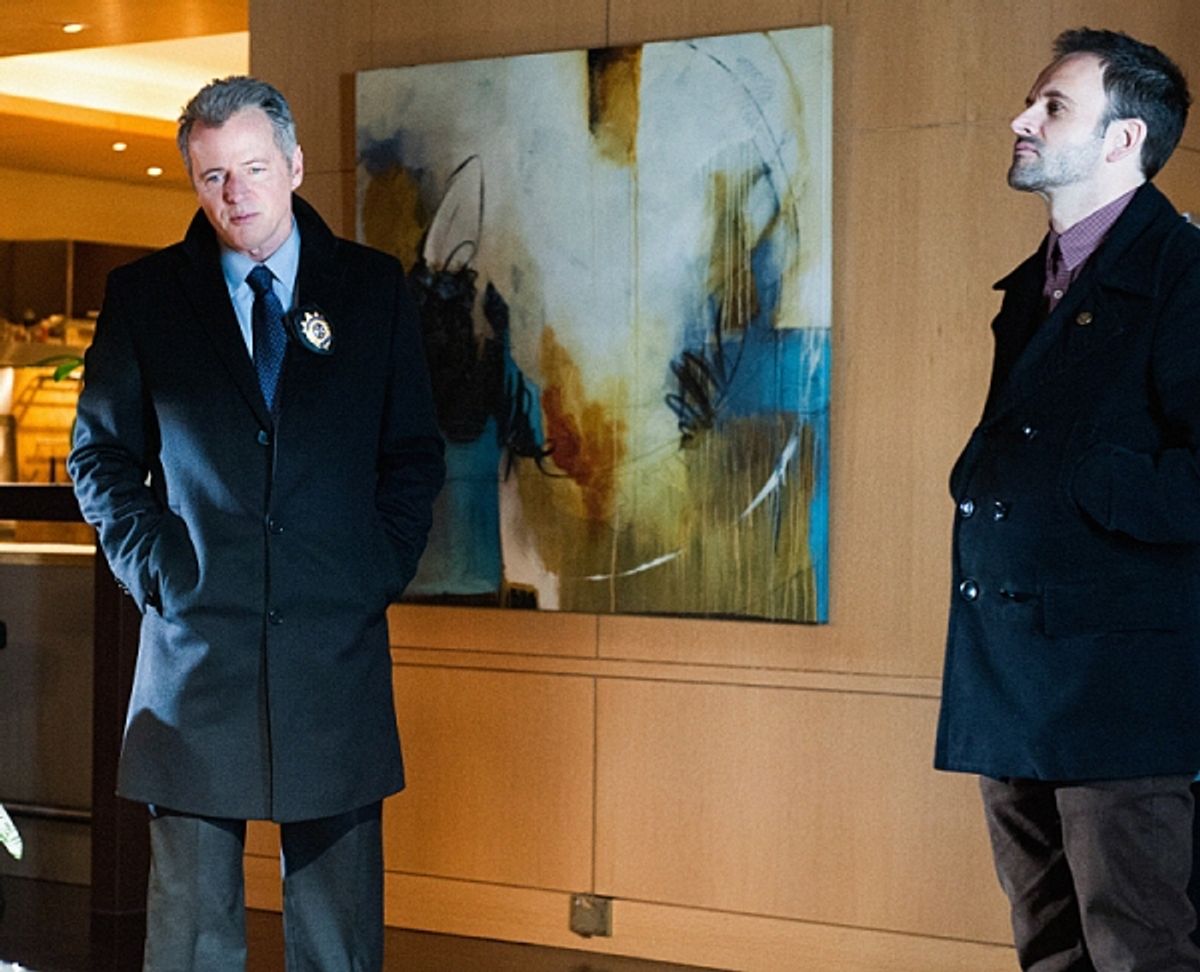 'Possibility Two'-- Sherlock (Jonny Lee Miller, right) and Gregson (Aidan Quinn, left) investigate a case involving a wealthy philanthropist who believes his incurable illness was given to him on purpose, on ELEMENTARY, on a Thursday, Feb. 21 on the CBS T at 