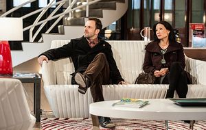 "Possibility Two"-- Sherlock (Jonny Lee Miller) tries to teach Joan (Lucy Liu) his deductive skills by sending her to a suspicious dry cleaning establishment, on ELEMENTARY, on a Thursday, Feb. 21 on the CBS Television Network. Photo: Jojo WhildenÃ'‚Â @ BroadwayWorld "Possibility Two"-- Sherlock (Jonny Lee Miller) tries to teach Joan (Lucy Liu) his d Photo
