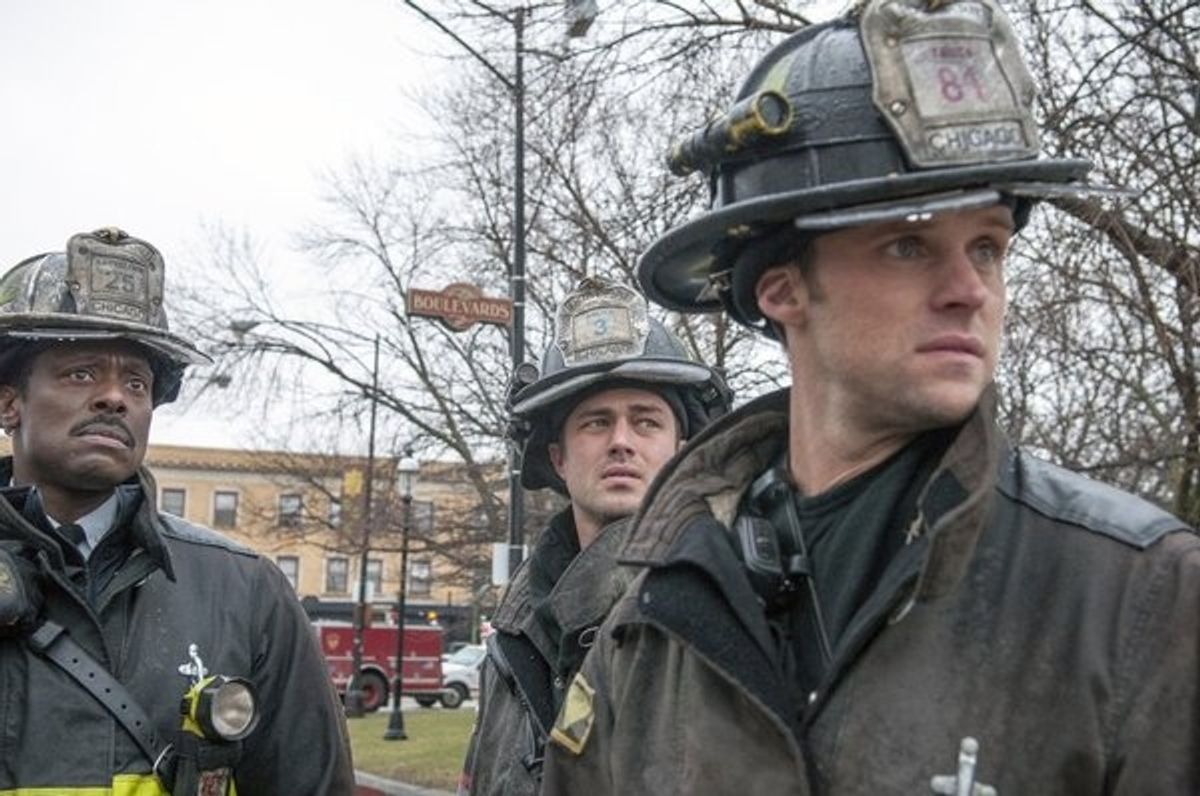 Pictured: (l-r) Eamonn Walker as Battalion Chief Wallace Boden, Taylor Kinney as Kelly Severide, Jesse Spencer as Matthew Casey at 