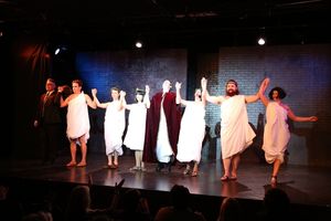 From left, cast members Pat Towne, Henry Dittman, John Milhiser, Cj Merriman, Jesse Merlin, Erin Matthews, David Haverty and Darrin Revitz take their bow during the curtain call for the world premier of "Sketches From The National Lampoon" at the Hayworth @ BroadwayWorld From left, cast members Pat Towne, Henry Dittman, John Milhiser, Cj Merriman, Jesse M Photo