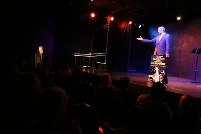 From right, Alan Donnes, President National Lampoon honors Producer Matty Simmons dur Photo