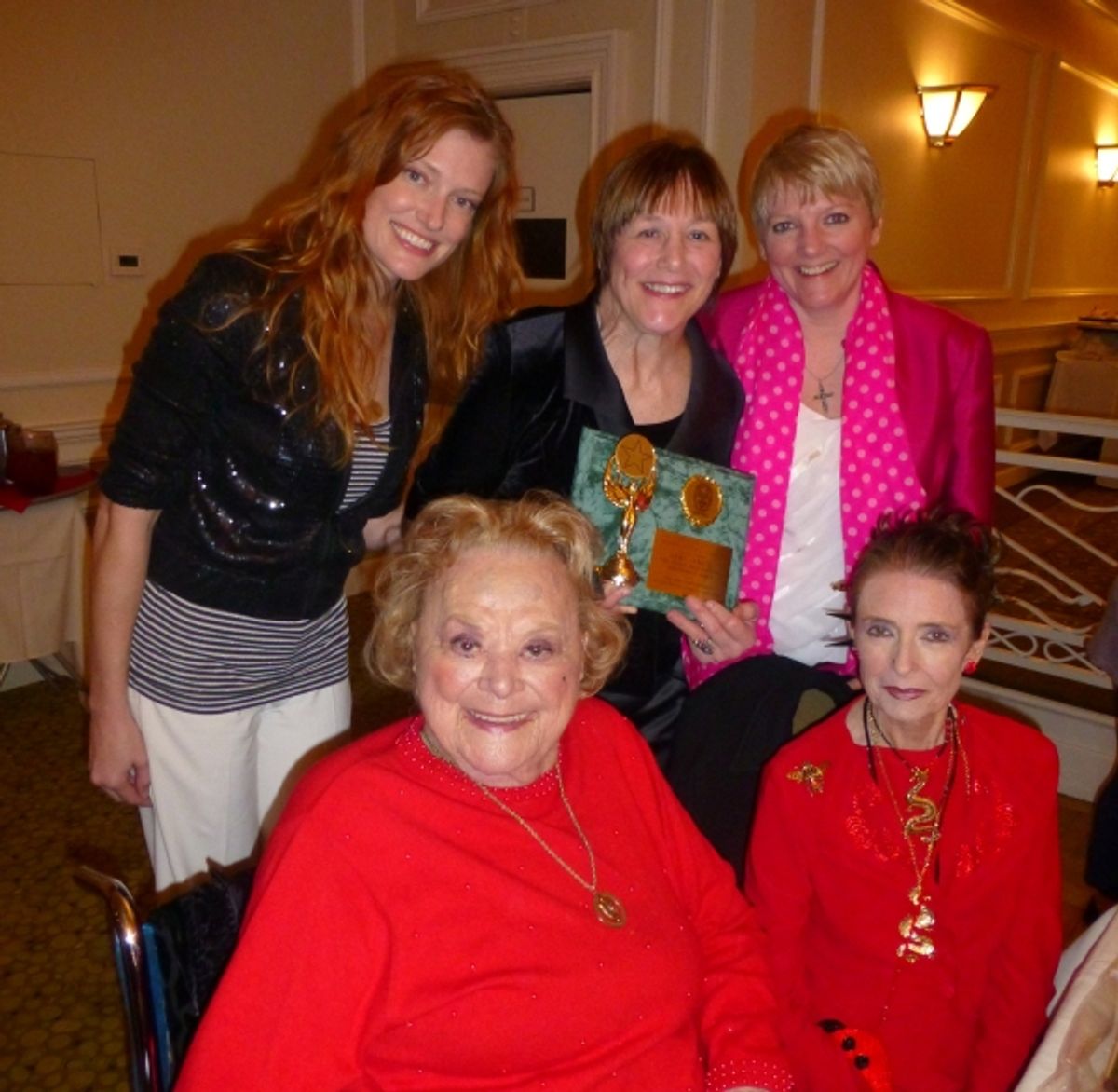 Kelsey Collins, Rose Marie, Geri Jewell (with award), Alison Arngrim and Margaret O'Brien at 