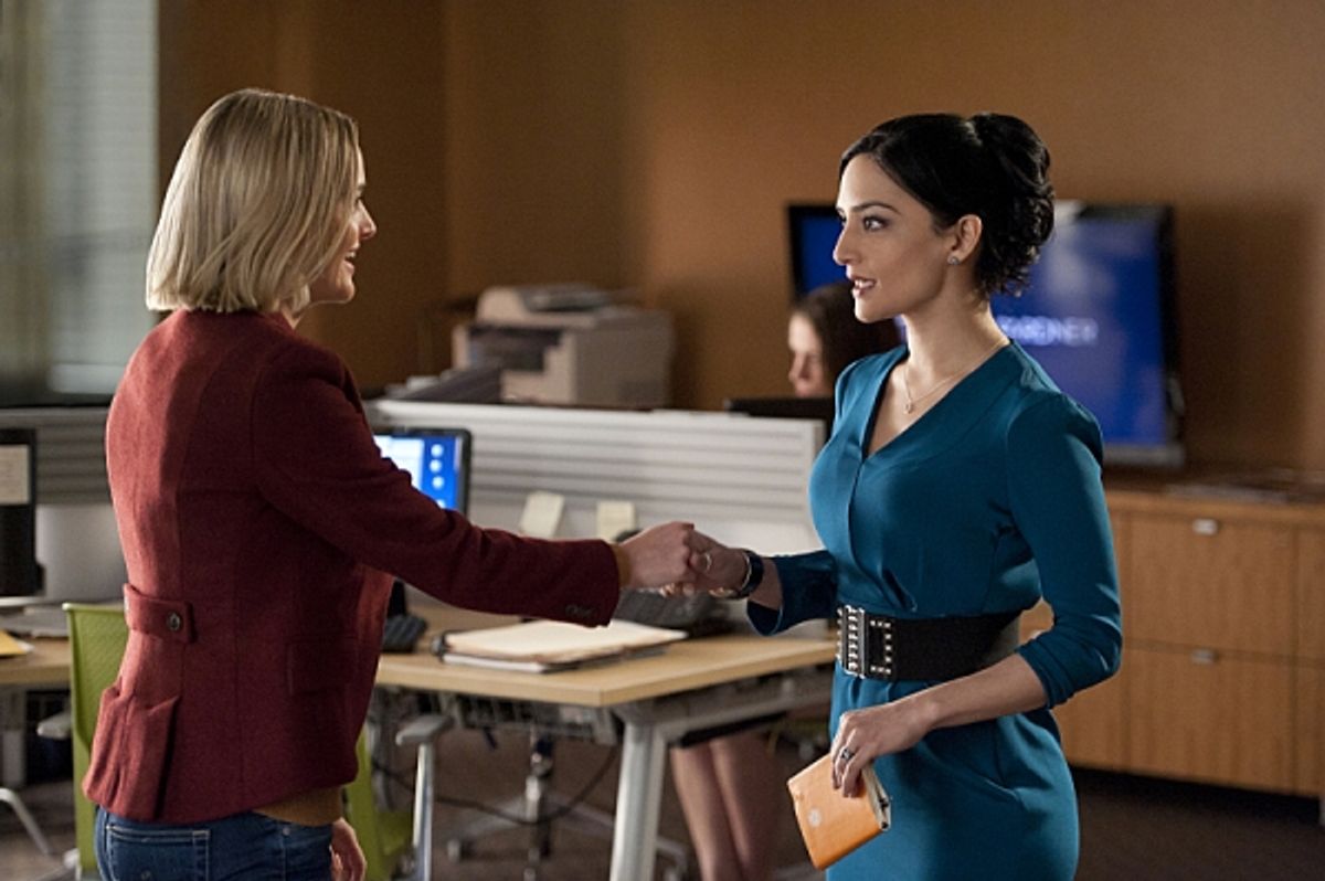 'Runnin' with the Devil'--Kalinda (Archie Panjabi, right) reluctantly agrees to train Robyn (Jess Weixler, left) when Will and Diane decide to hire a second investigator at the firm, on THE GOOD WIFE, Sunday March 10 (9:00-10:00 PM, ET/PT) on the CBS Tel at 