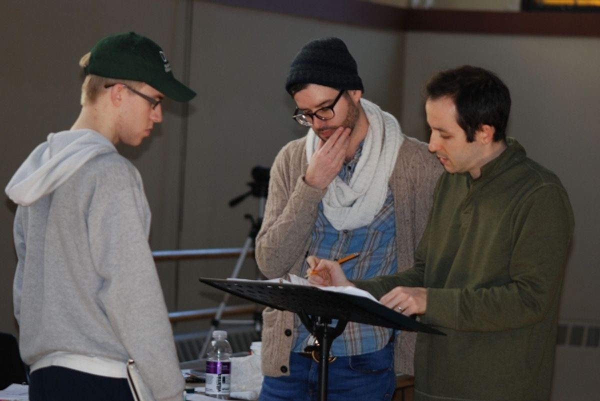 Josh Kelley (Assistant Director) watches as Joe Barros (Director/Choreographer) and Vince Peterson (Music Director) discuss a song moment with intricate rhythms. Photo credit: Elizabeth Ostler. at 