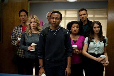 Danny Pudi as Abed, Gillian Jacobs as Britta, Chevy Chase as Pierce, Donald Glover as Photo