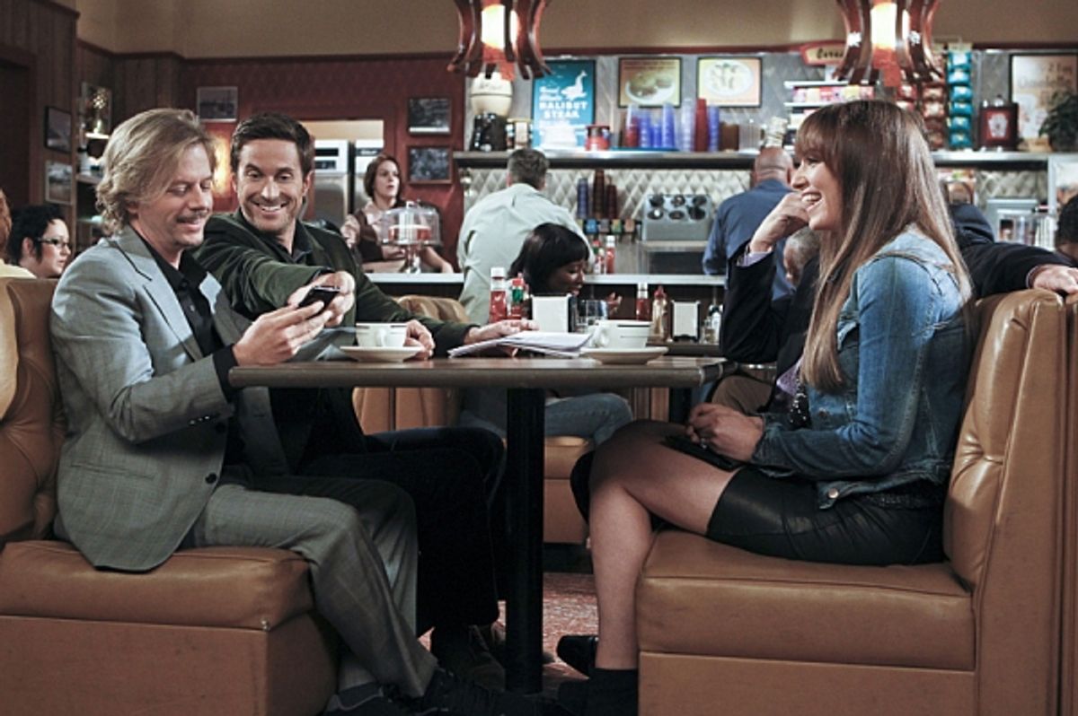 Russell (David Spade, left) is invited to speak about an article that he plagiarized from Timmy and asks Adam (Oliver Hudson, center) and Jennifer(Bianca Kajlich) to pose as members
 at 