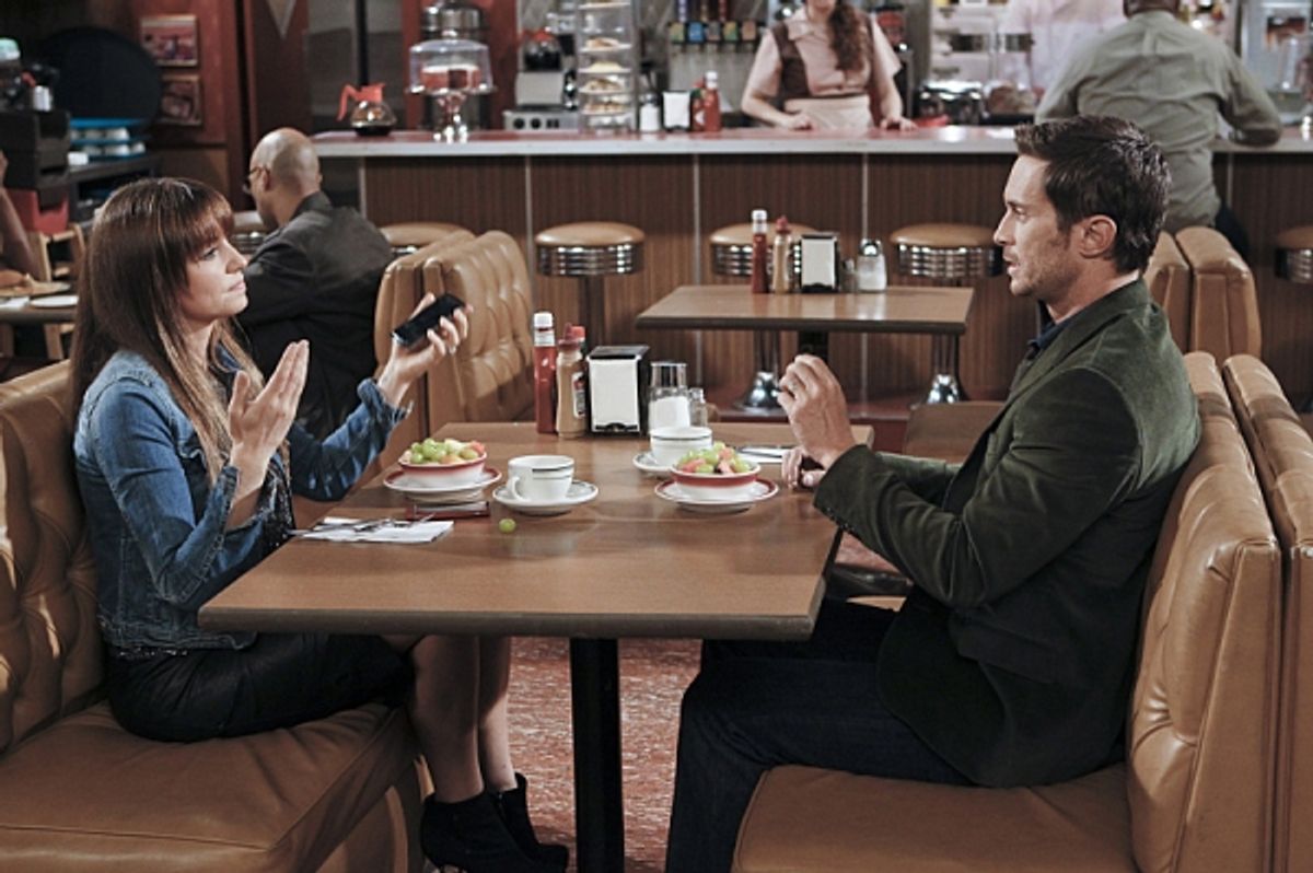 ussell is invited to speak about an article that he plagiarized from Timmy and asks Adam (Oliver Hudson, right) and Jennifer (Bianca Kajlich, left) to pose as members of the audience at 