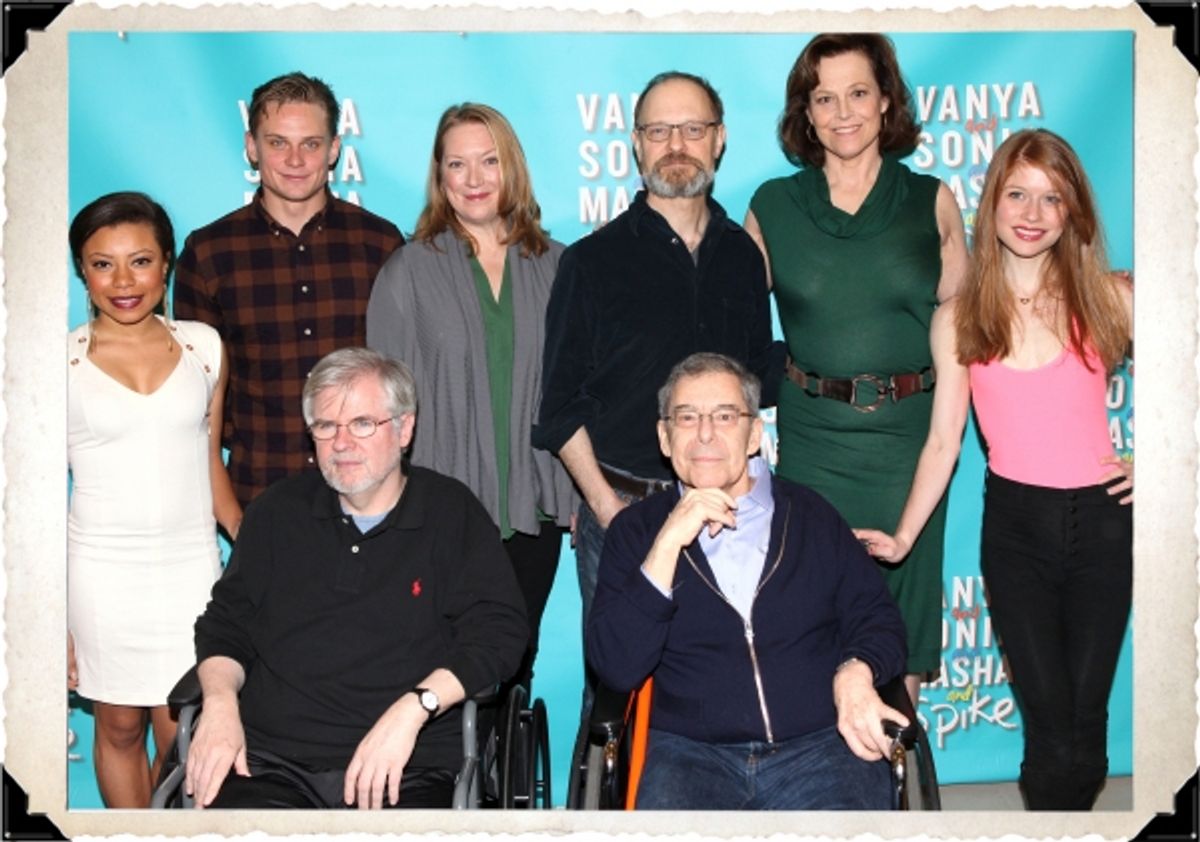 (L-R) Shalita Grant, Billy Magnussen, Kristine Nielsen, David Hyde Pierce, Sigourney Weaver and Genevive Angelson pose behind playwright Christopher Durang (L) and Director Nicholas Martin  at 