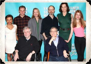 (L-R) Shalita Grant, Billy Magnussen, Kristine Nielsen, David Hyde Pierce, Sigourney Weaver and Genevive Angelson pose behind playwright Christopher Durang (L) and Director Nicholas Martin @ BroadwayWorld (L-R) Shalita Grant, Billy Magnussen, Kristine Nielsen, David Hyde Pierce, Sigourney Photo