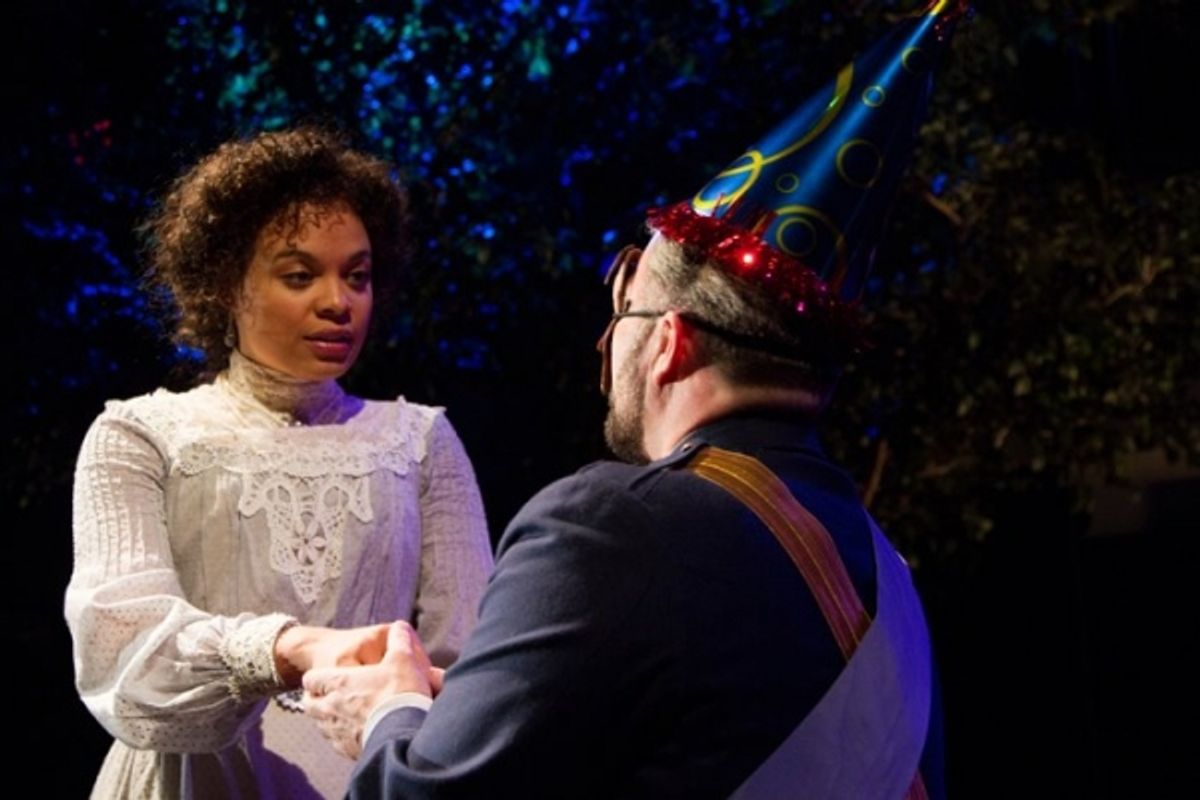 Don Pedro (Graham Winton) woos Hero (Michelle Beck) in Claudio's name. Photo by Henry Grossman. at 