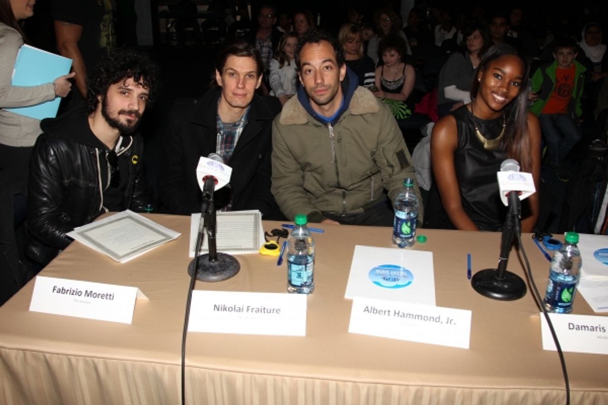 The StrokesÃ¢â‚¬â„¢ Fabrizio Moretti, Nikolai Fraiture and Albert Hammond Jr. joined model Damaris Lewis at the mentors table for the 2013 Garden of Dreams Talent Show Auditions. at 
