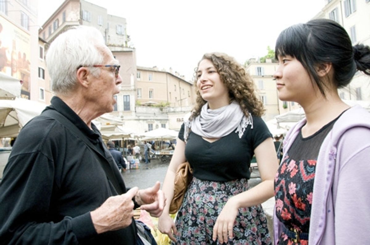 John Guare, Caroline Durlacher & Sharon Jan take a stroll during a playwriting workshop in Rome, Italy at 
