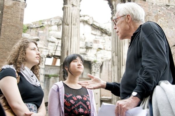 Caroline Durlacher, Sharon Jan & John Guare discuss Roman theater outside the Teatro  Photo