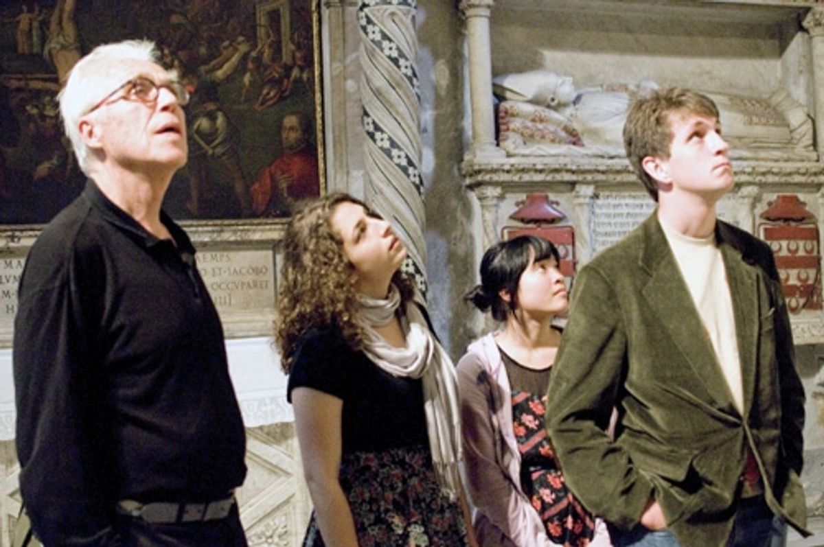 John Guare, Caroline Durlacher, Sharon Jan & Drew Dickenson visit the San Luigi dei Francesi church during their playwriting workshop in Rome, Italy at 