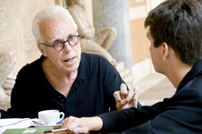 John Guare provides some writing feedback for Drew Dickenson at a cafeÃƒÅ’Ã¯Â Photo