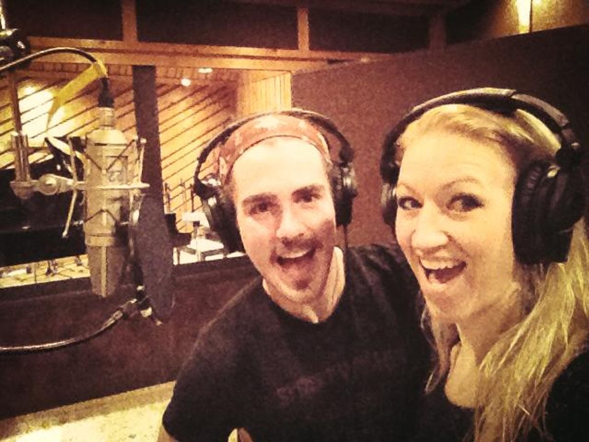 Erik Altemus and Molly Tynes recording vocals for the 'Pippin' television commercial. at 