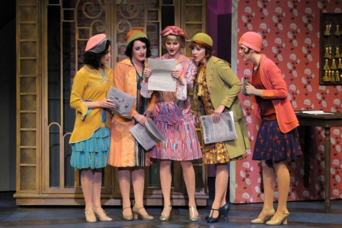 From left to right: Carleigh Bettiol, Amy Van Norstrand, Leslie Donna Flesner, Kelly Skidmore and Colleen Broome in Thoroughly Modern Millie, onstage through March 24 at the Maltz Jupiter Theatre. Photo by Alicia Donelan. at 