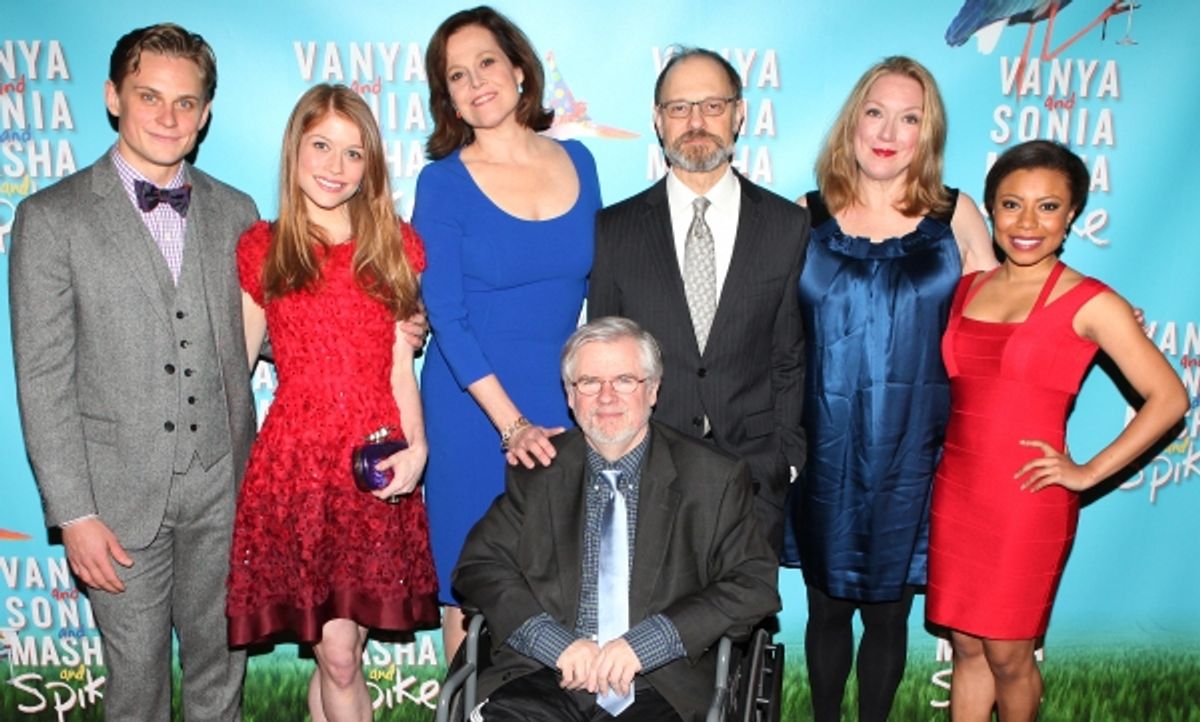 Billy Magnussen, Genevieve Angelson, Sigourney Weaver, playwright Christopher Durang, David Hyde Pierce, Kristine Nielsen, and Shalita Grant at 