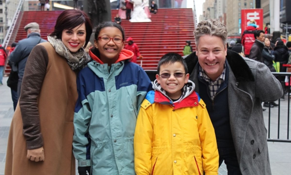 Krysta Rodriguez and Timothy Allen McDonald with students from PS 124, The Yung Wing Elementary at 