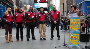 Krysta Rodriguez with Lowe's workers Photo
