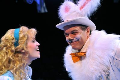 Emily Rohm as Alice and Bernie Yvon as the White Rabbit Photo