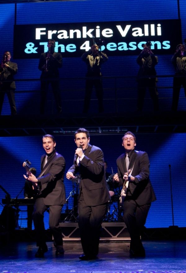 (l to r) Wes Hart, Brad Weinstock, Brent DiRoma and the Company of JERSEY BOYS Photo