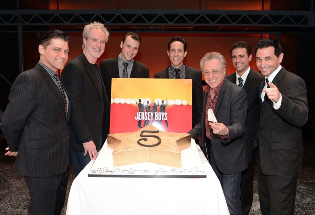 Deven May, Bob Gaudio, Rob Marnell, Jeff Leibow, Frankie Valli, Graham Fenton and Travis Cloer at 
