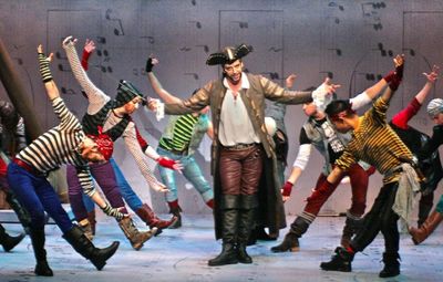 Nick Cordero (center, Pirate King) with Pirates (Daniel Bontempo, Max Cove, Michael G Photo