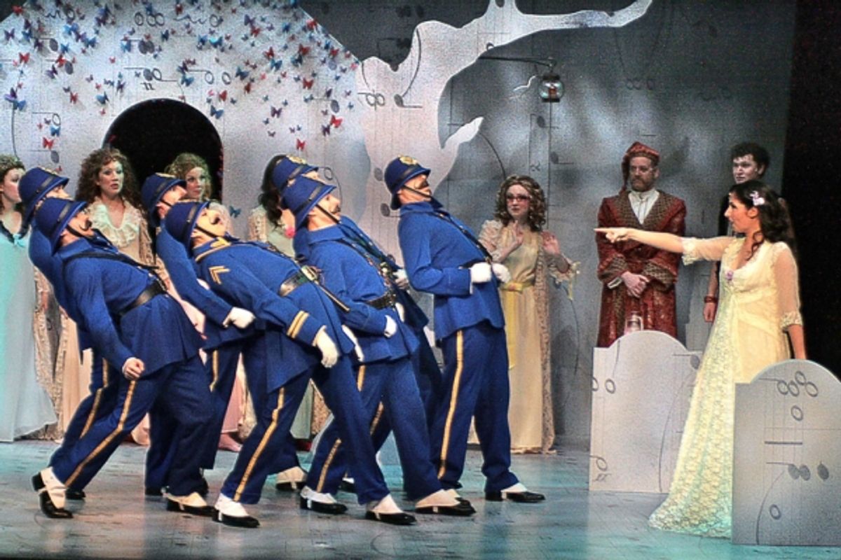 Julian Alvarez (front, Sergeant of Police) with policemen (Gaspare DiBlasi, Patrick McTamany, Kevin Metzger, Dominick Sannelli, Zachary Spiegel, Christopher Brian Williams) and Maria Failla (Mabel) at 