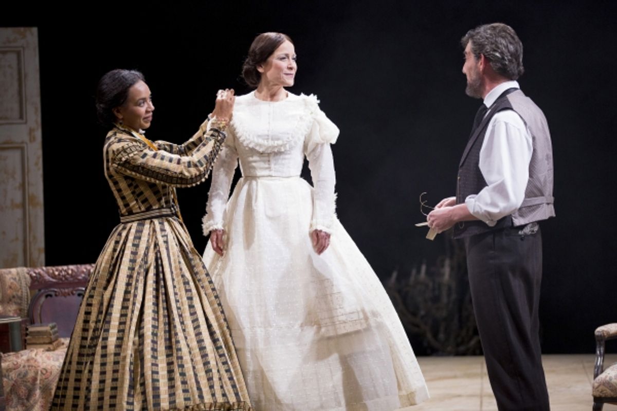 Sameerah Luqmaan-Harris as Elizabeth Keckly, Naomi Jacobson as Mary Todd Lincoln and Thomas Adrian Simpson as Abraham Lincoln at 