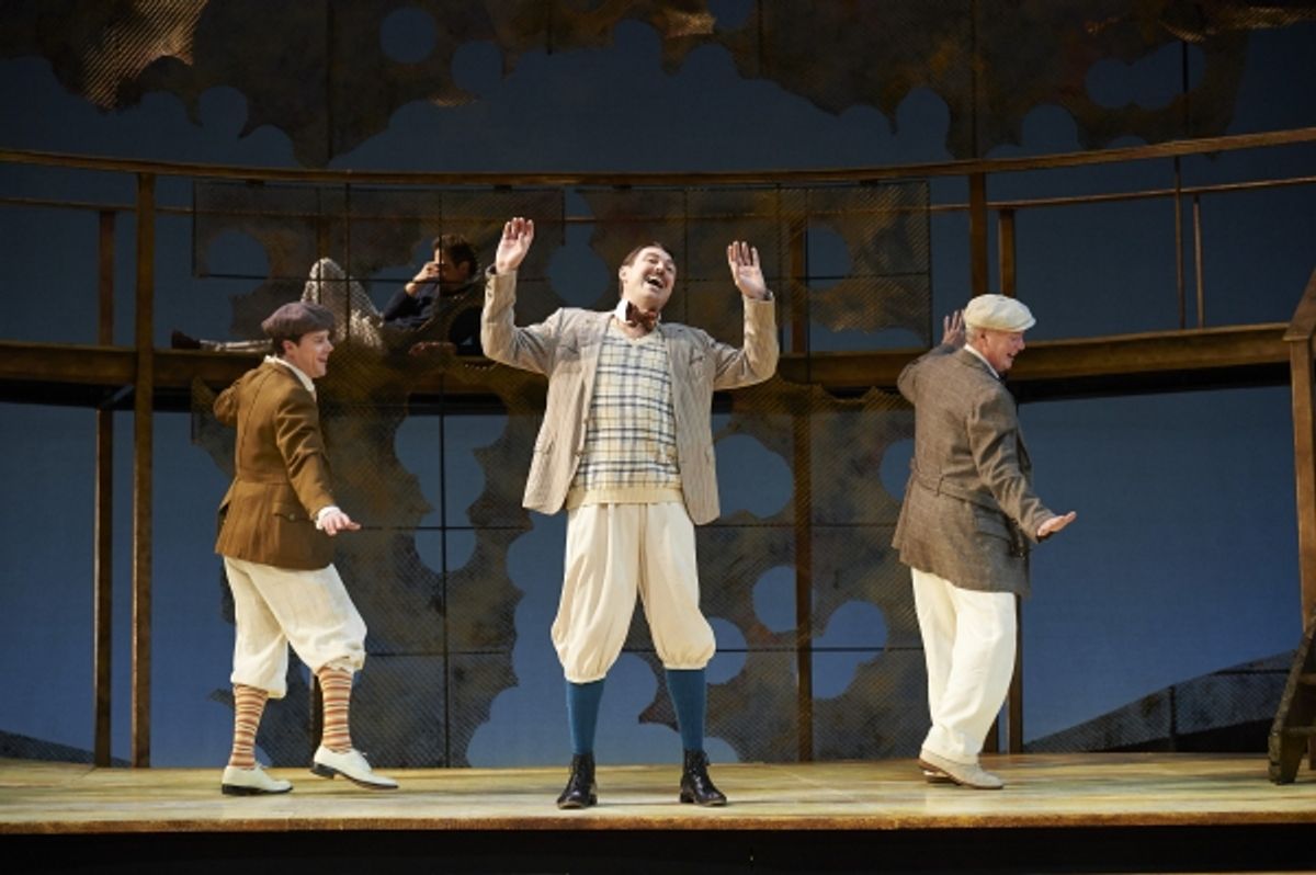 Neil Brookshire (left, as Claudio), Eric Damon Smith (center, as Balthasar) and David McCann (right, as Leonato) revel as J. Todd Adams (up, as Bendick) eavesdrops. at 