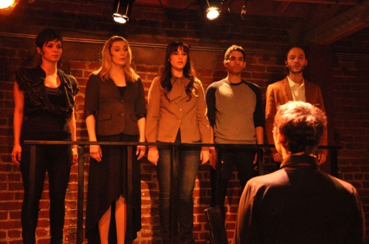 'All That's In Between' - L to R: Julianne Donelle, Jamie Mills, Aimee Karlin, Robert Wallace, Christopher Roque. Back to camera: ComposerConductor Gregory Nabours. at 