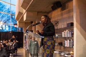 Playwright Katori Hall addresses dinner guests. @ BroadwayWorld Playwright Katori Hall addresses dinner guests. Photo