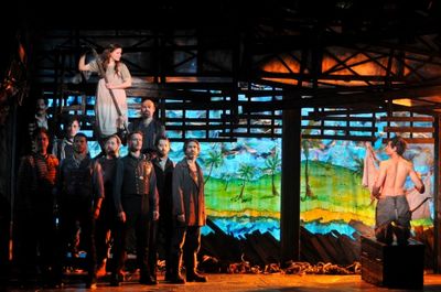 Nicole Lowrance, Jason Ralph, and the cast of Peter and the Starcatcher Photo