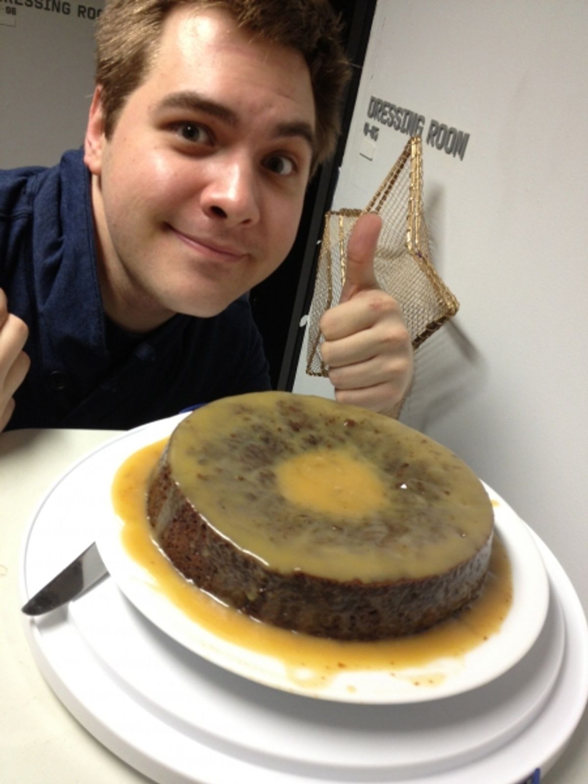 Nate Miller ('Tubby Ted') poses over a batch of sticky pudding that my wife made. Who knew that sticky pudding wasn't actually pudding?? Nate demanded this treat because he's a very serious method actor. at 