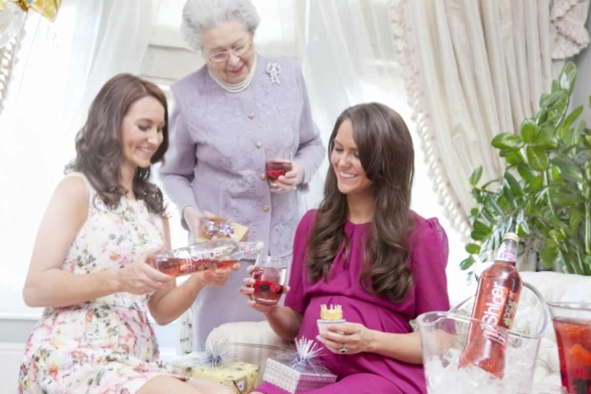 Lookalikes of Carole Middleton, Camilla Duchess of Cornwall, Pippa Middleton, Catherine Duchess of Cambridge and Queen Elizabeth II raise a glass of Shloer at an imaginary royal baby showerRoyal lookalikes - Apr 2013Typically they're an American affair, at Fashion Photo of the Day 5/1/13 - Catherine Duchess of Cambridge