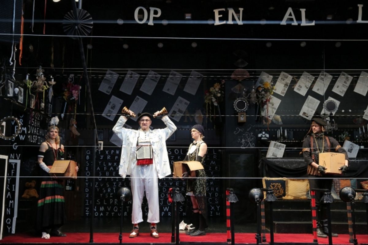 Alenka Kraigher, Rocco Sisto, Stephanie Hayes, and David Skeist in Old-Fashioned Prostitutes (A True Romance), written, directed, and designed by Richard Foreman, running at The Public Theater at Astor Place April 30 through June 2. Photo Credit: Joan Mar at 