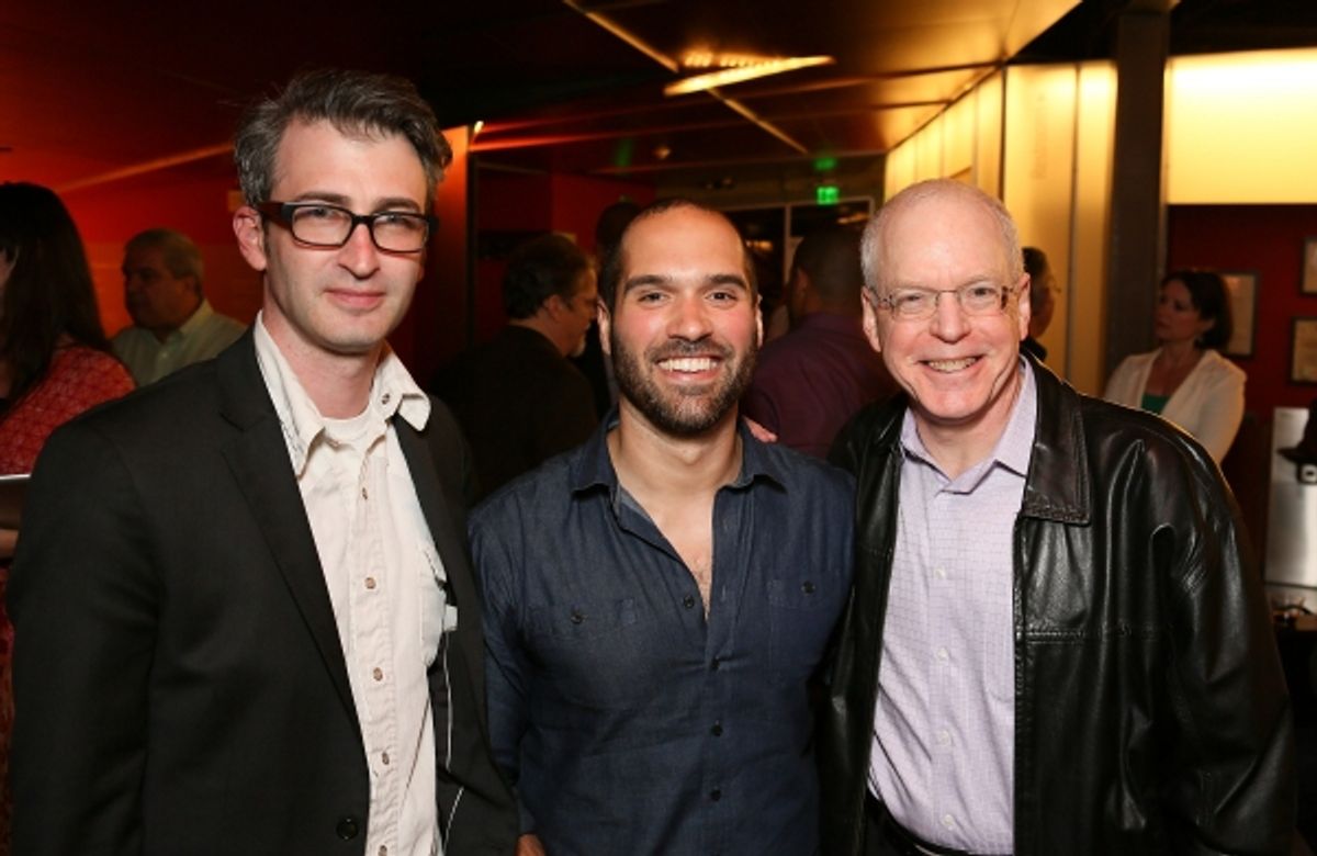 From left, Director Daniel Aukin, Playwright Marco Ramirez and CTG Producing Director Douglas C. Baker pose during the party for the opening night performance of 'The Royale' at Center Theatre Group's Kirk Douglas Theatre on Sunday, May 5, 2013, in Culve at 