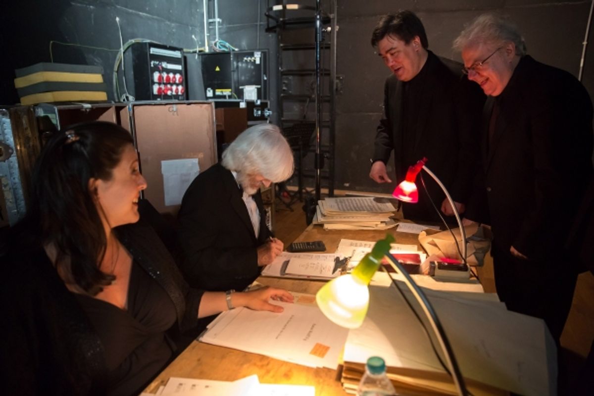 Alan Gilbert and Manny Ax makes a quick stop to greet the Sara Griffin and Larry Tarlow at the Libraian desk before going on stage, 9pm, 5/4/13. Photo by Chris Lee at 