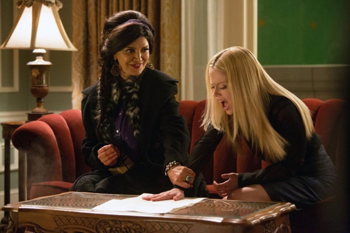 GRIMM -- 'The Walking Dead' Episode 221 -- Pictured: (l-r) Shohreh Aghdashloo as Stefania, Claire Coffee as Adalind Schade -- (Photo by: Scott Green/NBC) at 