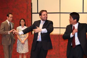 Mike Yager (Daniel Cavanaugh), Janice Pai Martindale (Miss Qian), John Dunn (Peter Timms) & Xin Jian (Cai Guoliang). @ BroadwayWorld Mike Yager (Daniel Cavanaugh), Janice Pai Martindale (Miss Qian), John Dunn (Peter Ti Photo