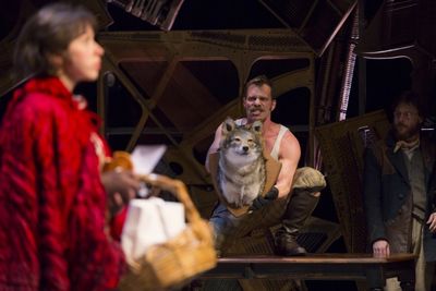 Emily Young, Noah Brody (with wolf head) and Paul L. Coffey Photo