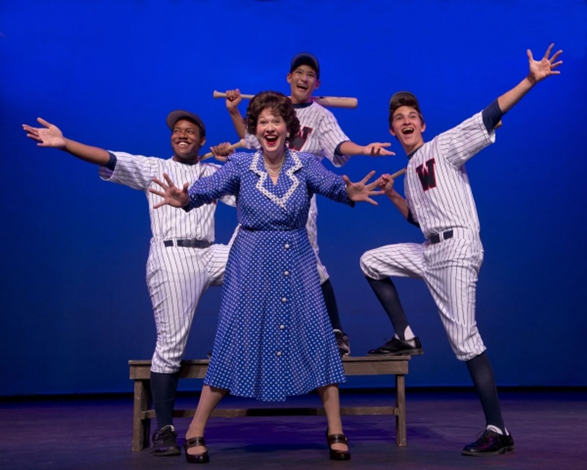 (back row, l-r) Remi Ferguson, Brandon Gong, and Jerris Ramirez and (center) Caitlyn Lawrence-Papp sing about 'Shoeless Joe' at 