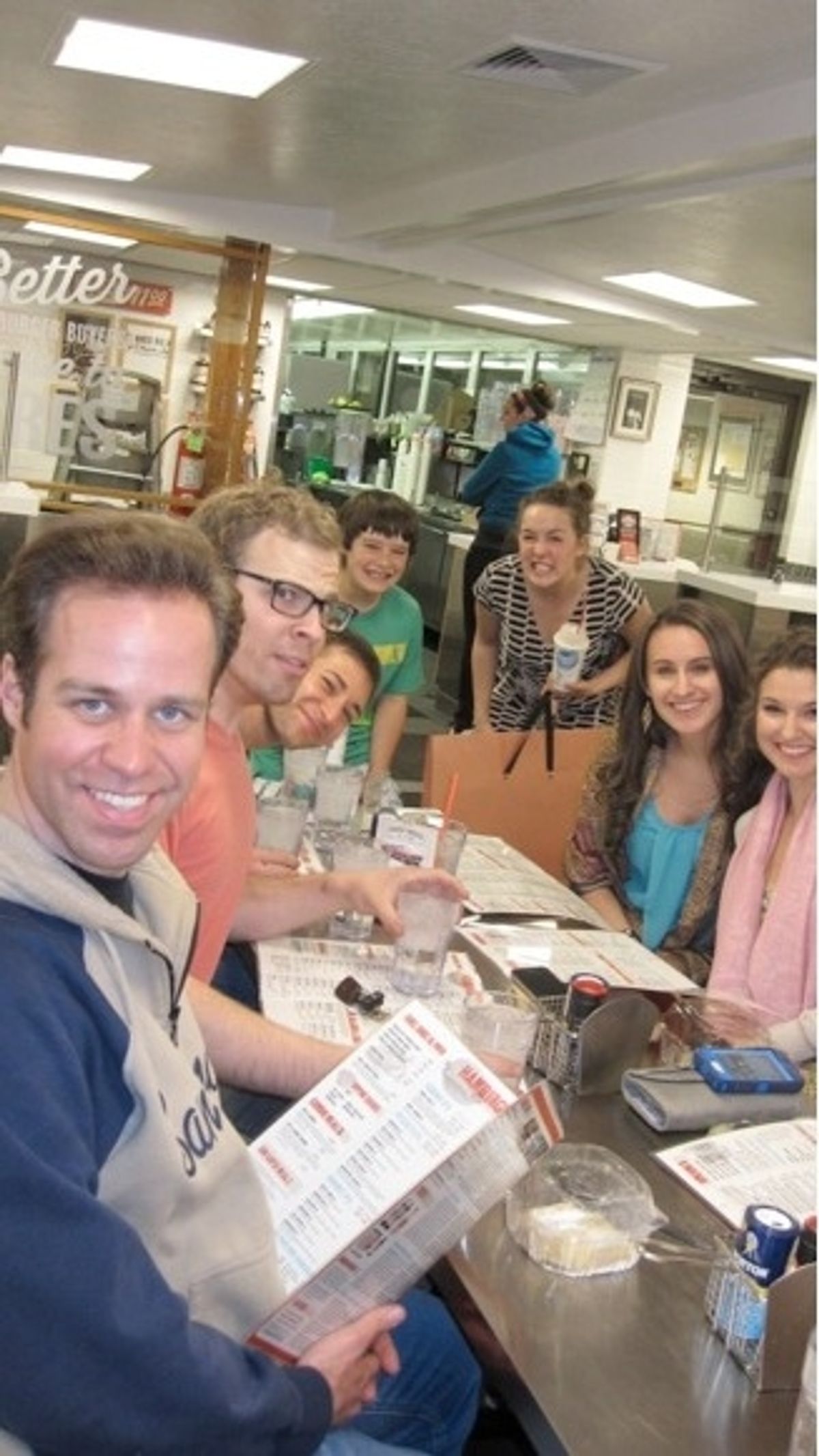 L-R: Jeffrey Scott Stevens (Ensemble), Billy Haggee (Ensemble), Chad Coudriet (Ensemble), Brigham Inkley (a Gavroche), Lindsea Garside (Ensemble), Madison Mitchell (Ensemble), and Melissa Mitchell (Cosette) at Hires Big H. at 