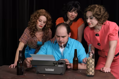 Zachary Allen Farmer (as Charles Bukowski) with (L-R) Chrissy Young, Kimi Short, Marc Photo
